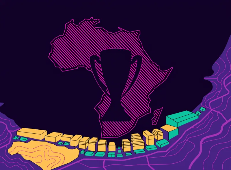 Stylised map of East Africa with three host countries joined by a trophy silhouette