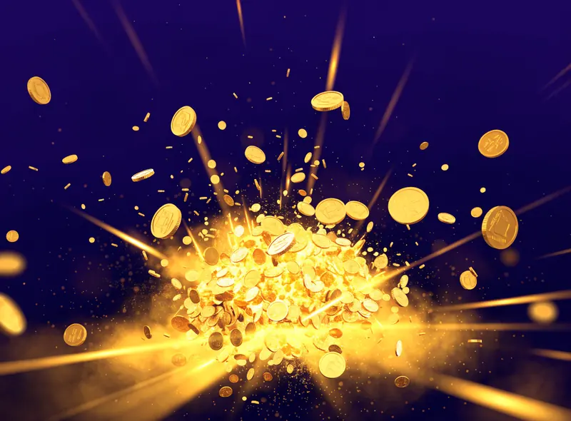 Golden coins and light bursting upward out of a dark void