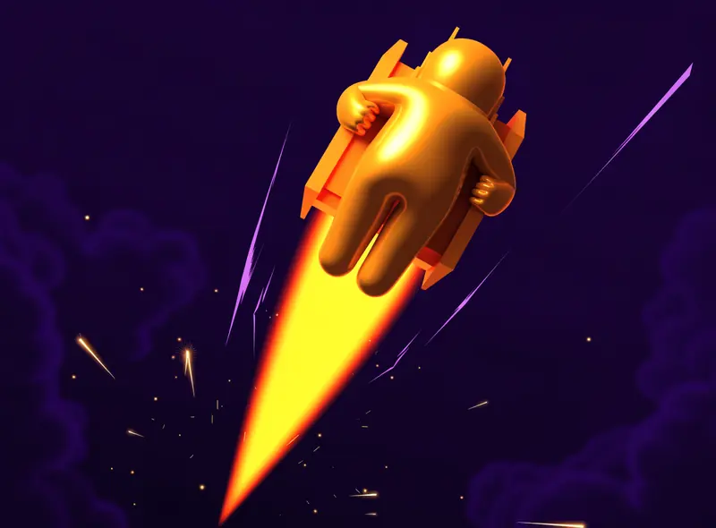 Lucky Jet: a jetpack figure rocketing upward on a flame trail