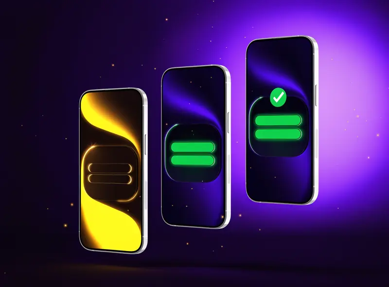 Three phone screens showing a registration form and a green tick