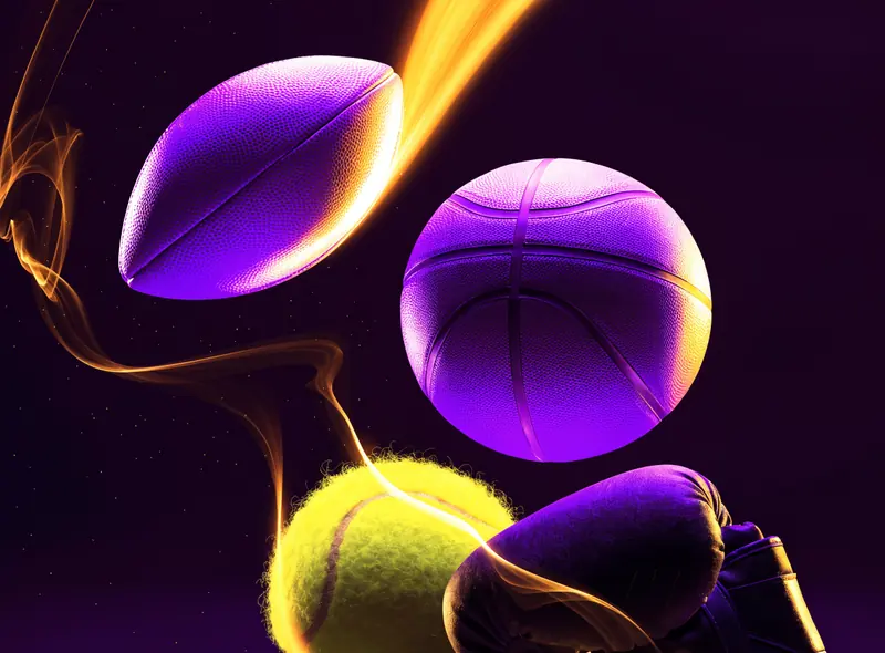 Football, basketball, tennis ball and boxing glove lit in purple